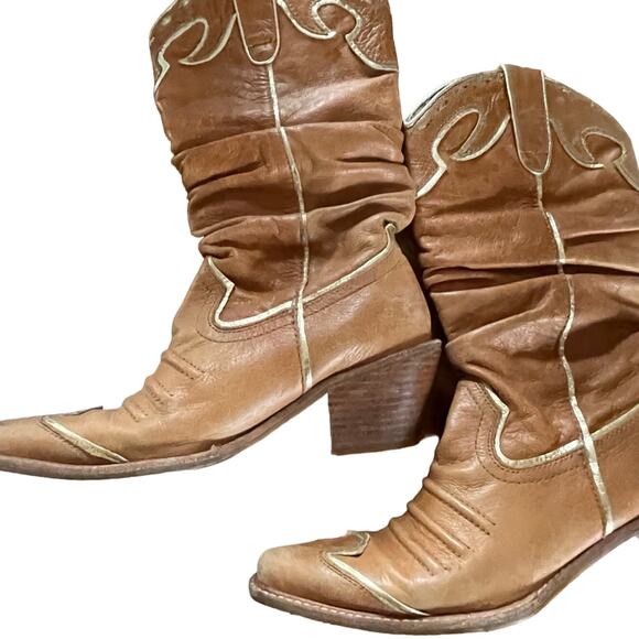 Naona Nana Brown gold Leather sz 6 mid calf boot 2.5" Heel Cowgirl western - Picture 1 of 11